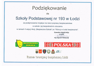 Podziękowanie Komendy Miejskiej Policji w Łodzi za aktywność w ramach akcji "Bezpieczna szkoła"